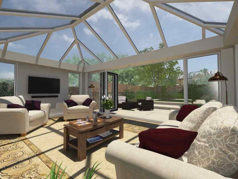 conservatory with bifold doors and glass roof
